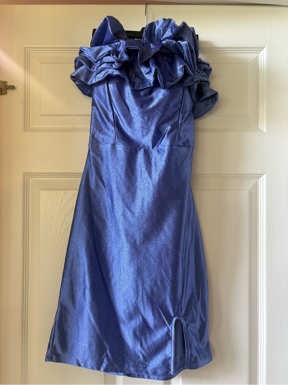 Emerald Sundae Shimmering Blue Midi Strapless Dress with Ruffled Front